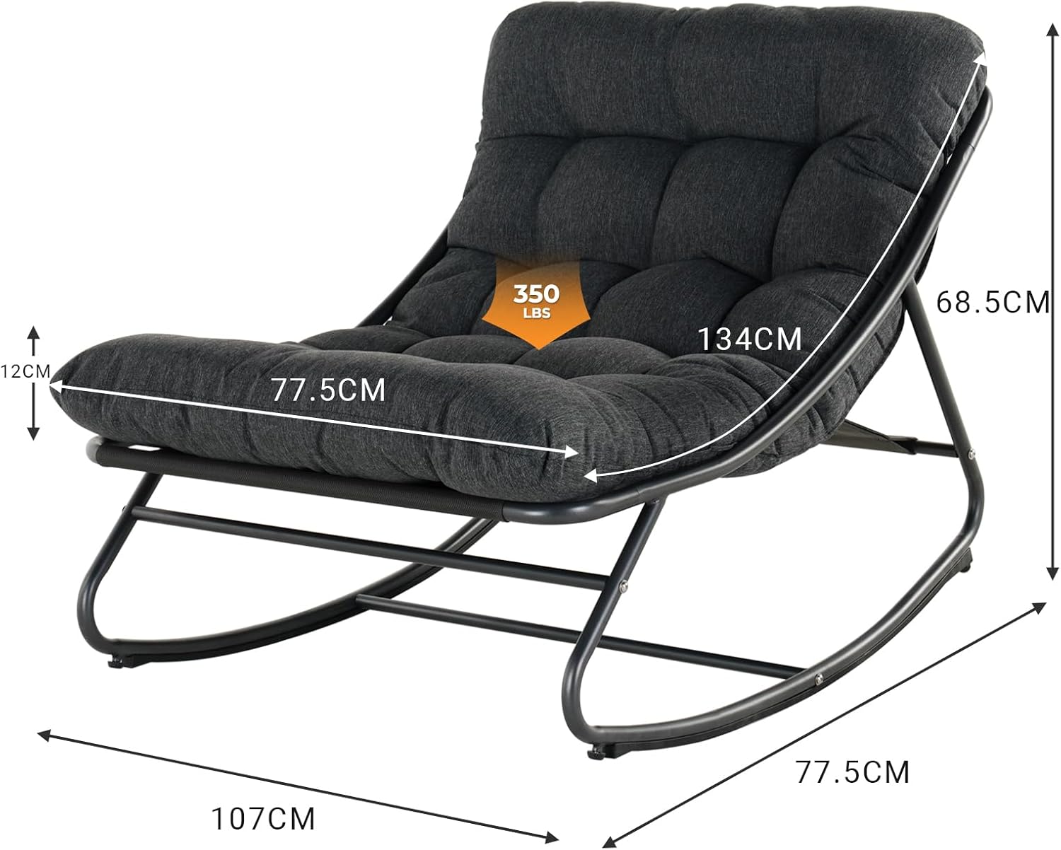 Grand patio schaukelstuhl Outdoor mit Kissen, Schaukelliege Wetterfester Relaxstuhl aus Metall für Garten, Wohnzimmer, Hof, Terrasse und Balkon, bis 150 kg Belastbar - Schwarzgrau
