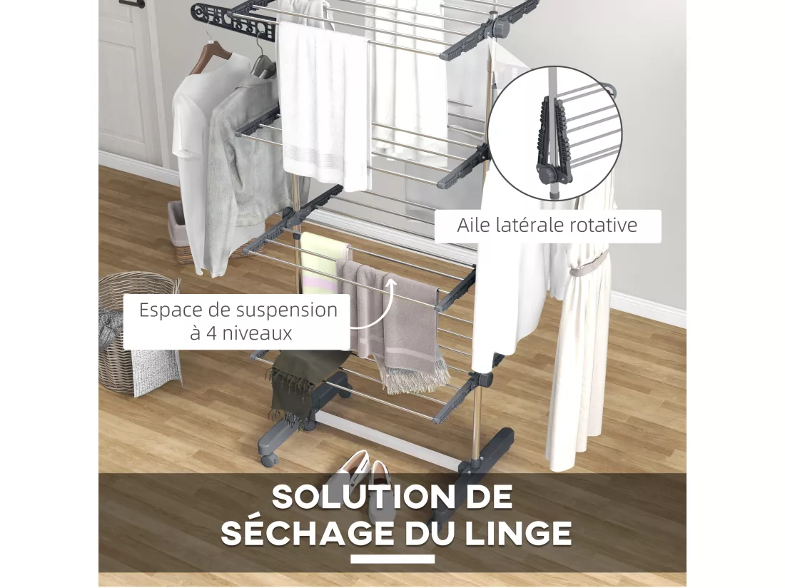 Séchoir à linge étendoir pliable ailes latérales 4 niveaux gris