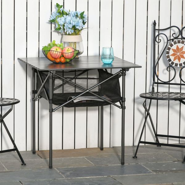 Mesa de camping dobrável amplo espaço de armazenamento com malha e bolsa de transporte 70x70x69 cm Preto - 84B-567