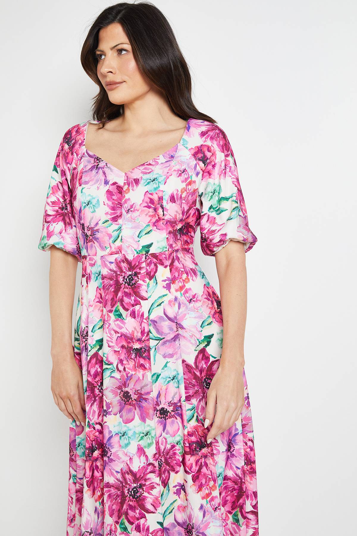 Wallis Robe Midi À Manches Bouffantes En Sergé Ottoman À Motif Floral