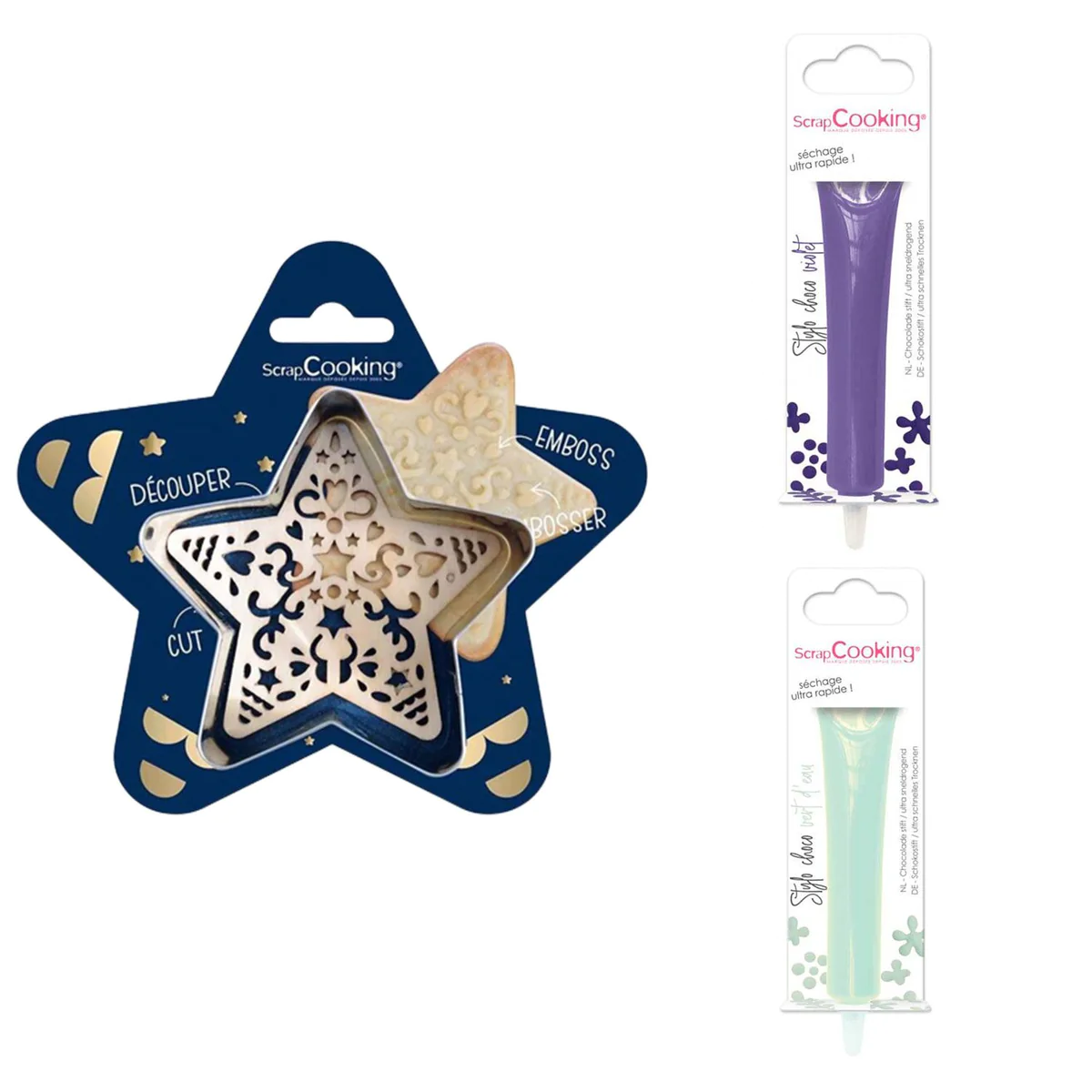 Kit pour biscuit en relief Étoile + 2 Stylos au chocolat violet et ver