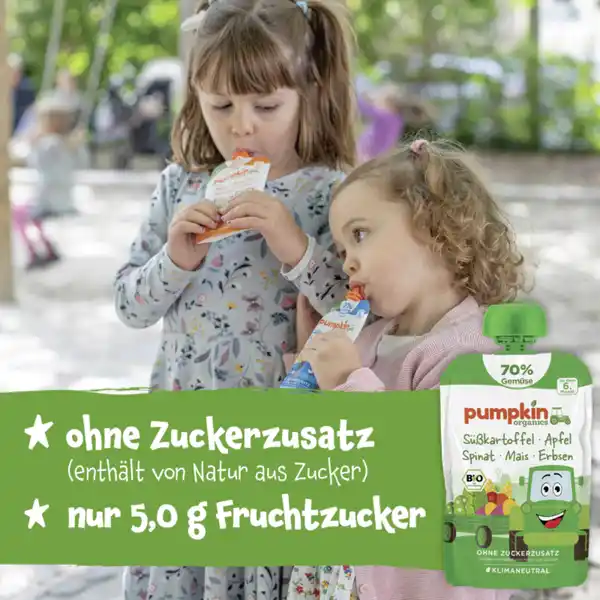 Bio Quetschie mit Süßkartoffel, Apfel, Spinat, Mais & Erbsen