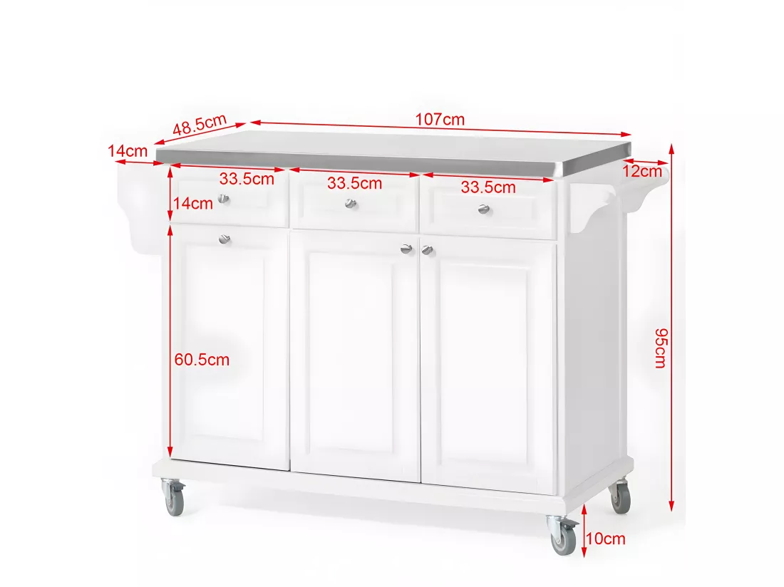 Desserte sur roulettes, Meuble chariot de cuisine de service avec Plateau en Acier Inox, FKW33-W