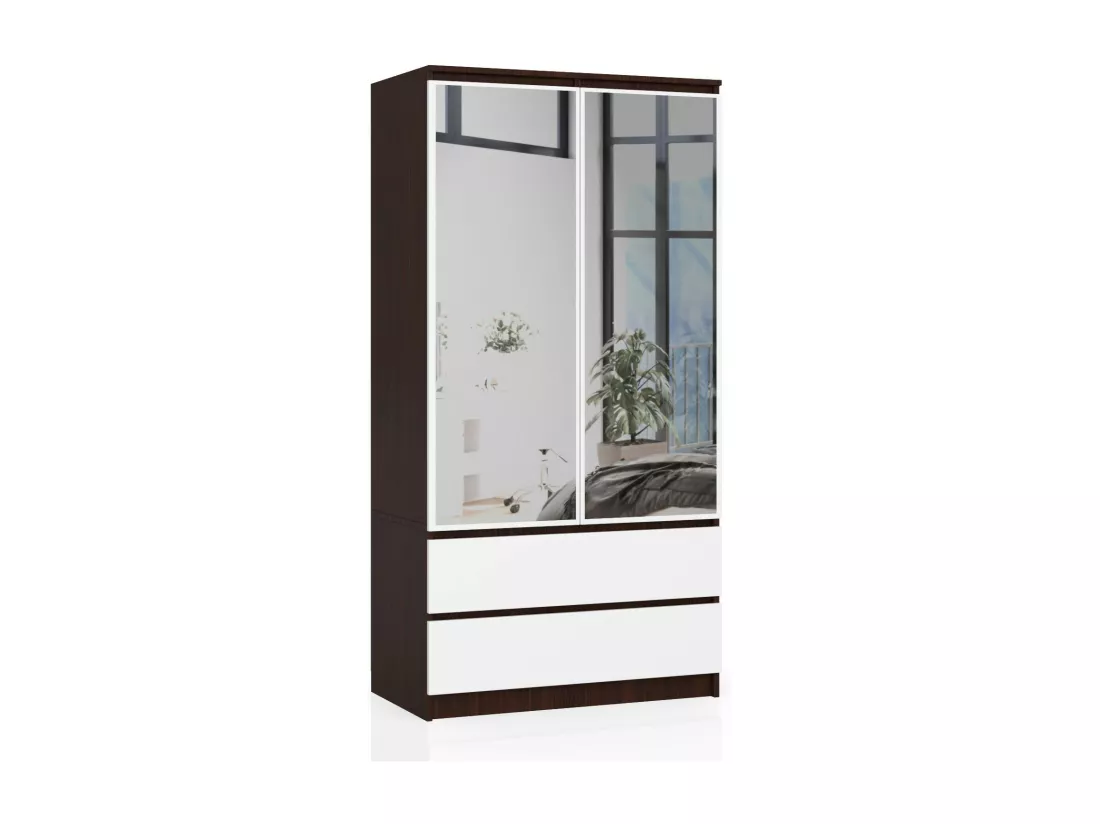 Armoire AKORD S90 avec miroir Wengé 90 cm 2 portes 2 tiroirs façade Blanche 4 étagères 90x51x180 cm