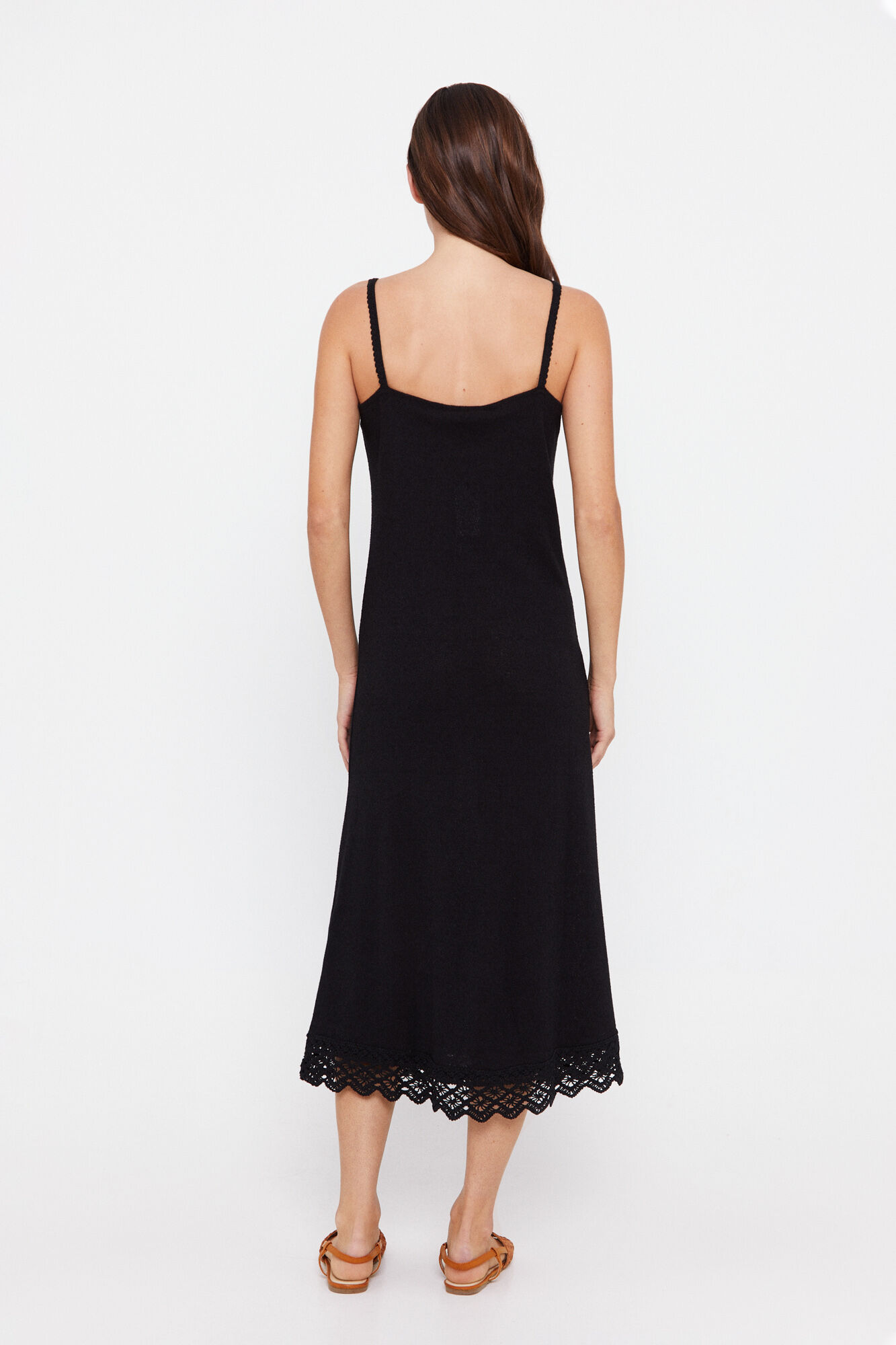 Vestido de tricô com detalhes em crochê - Preto