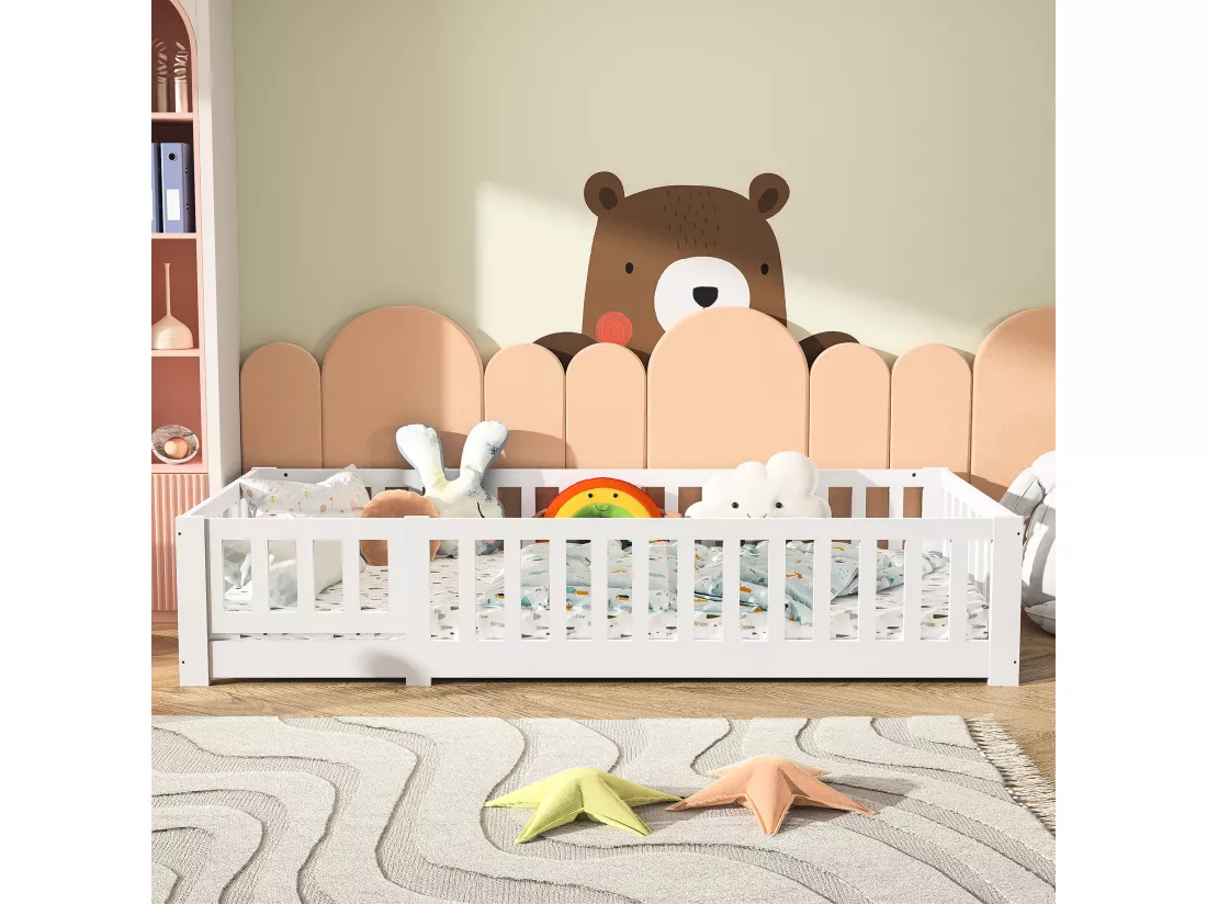 Lit cabane enfant 90x200cm, avec sommier à lattes, lit plat, lit enfant, barrière antichute, pin massif, Blanc