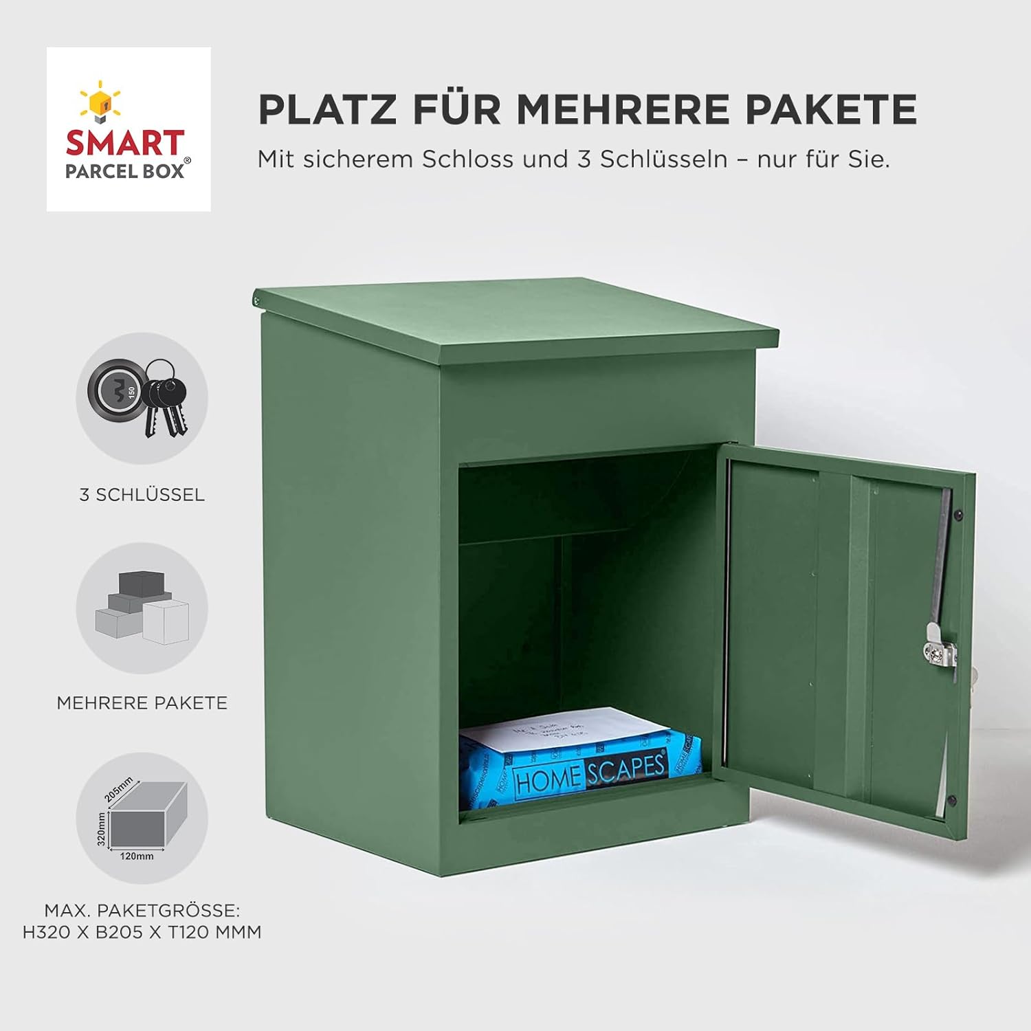 SMART PARCEL BOX Paketbox, Paketbriefkasten Wandmontage, Briefkasten mit Paketfach, Postbox für Pakete Outdoor mittelgroß, Paketkasten rostfrei verzinkter Stahl, 3 Schlüssel, 44x35x58 cm, grün