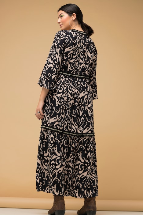 Maxikleid, Black&White Print, Ziertapes, V-Ausschnitt, 3/4-Ärmel