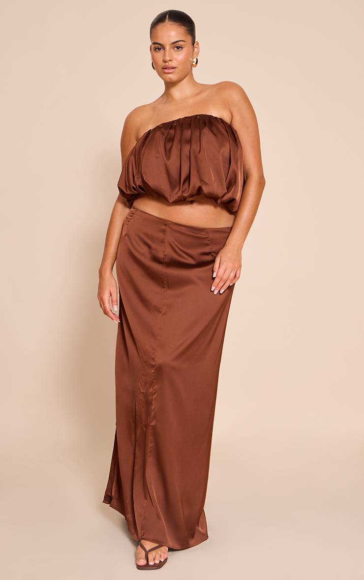 Chocolat Jupe Longue Taille Mi-haute En Satin Grande Taille Coordonnée