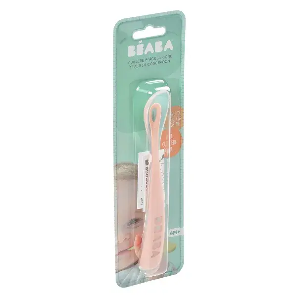 Colher de silicone Béaba para refeições infantis, rosa.