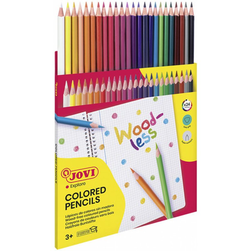 Crayon couleur jovi woodless triangulaire mine resistante  haut pouvoir couvrant inodore couleurs vives etui 24 unites
