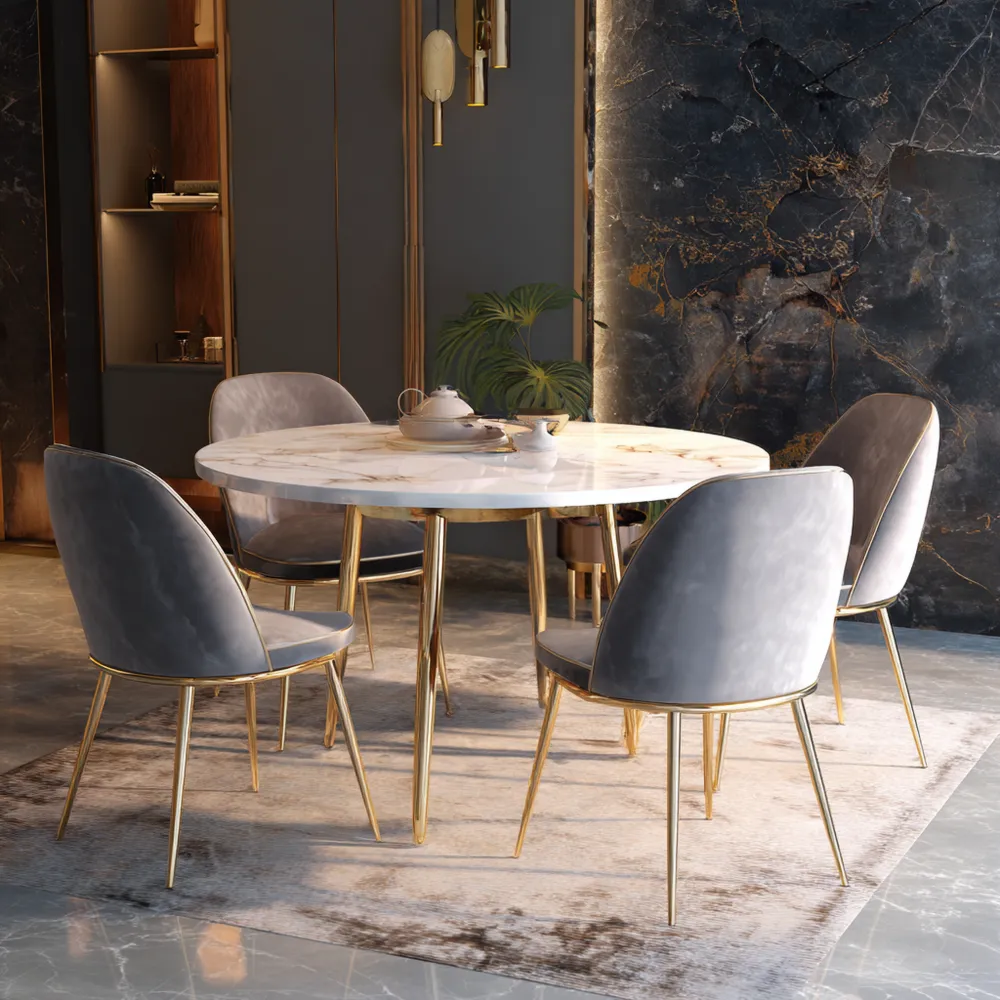 Esszimmer-Set Runder Marmortisch 120 cm x 120 cm x 75 cm mit 4 Samtstü