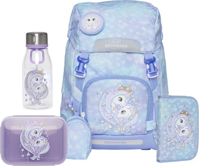 Beckmann Ryggsekk 22L inkl. Pennal, Flaske & Matboks, Unicorn Princess Ice Blue