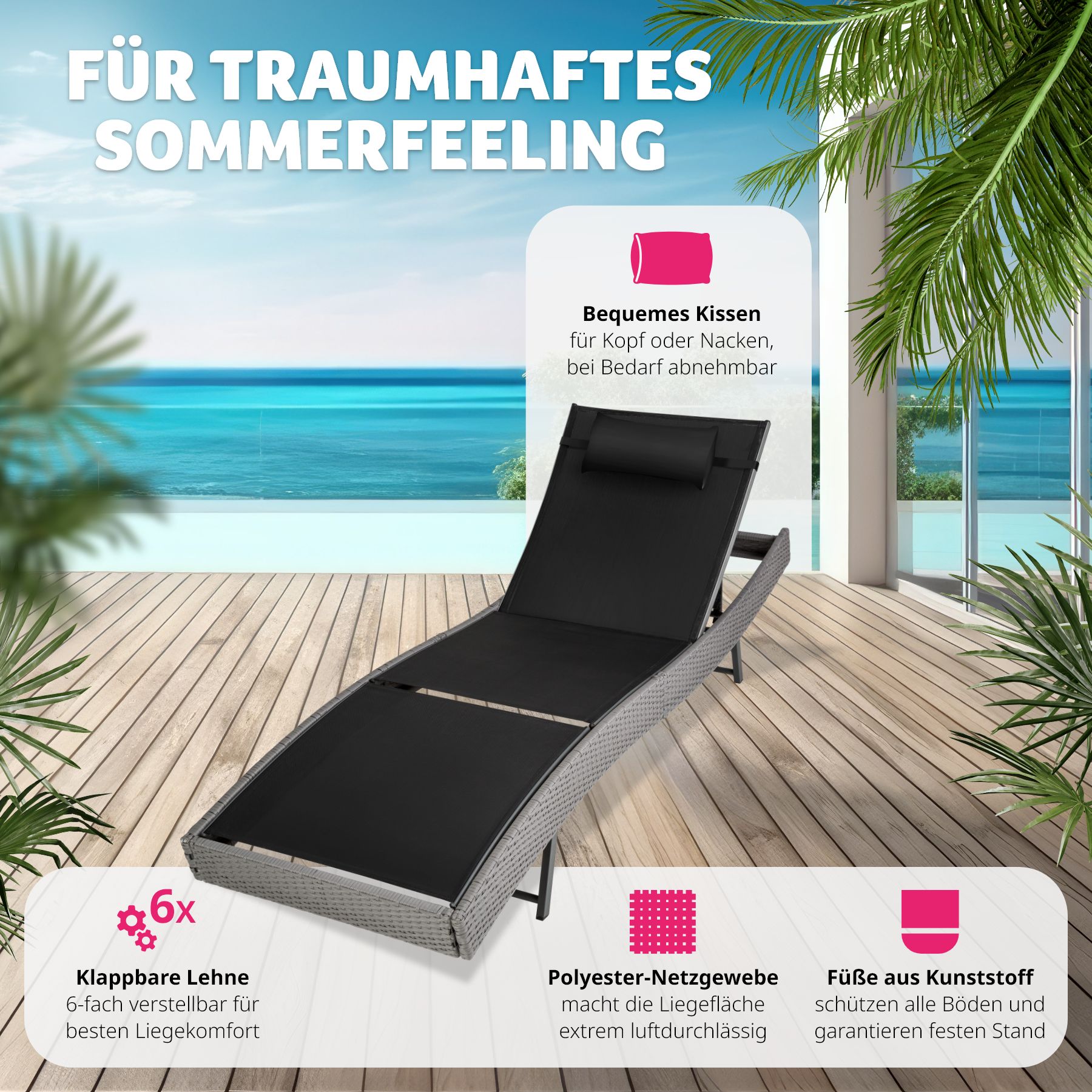 tectake® Rattan Sonnenliege, widerstandsfähig und UV-beständig, 5-fach verstellbare Rückenlehne, 211 x 69 x 28-94 cm