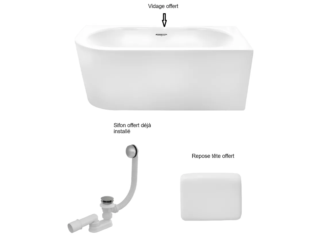 Baignoire d'angle Blanc + Siphon Graphite et Vidage inclus + Repose tête - AVITA S CLASSE - DROITE - 150 x 75 cm