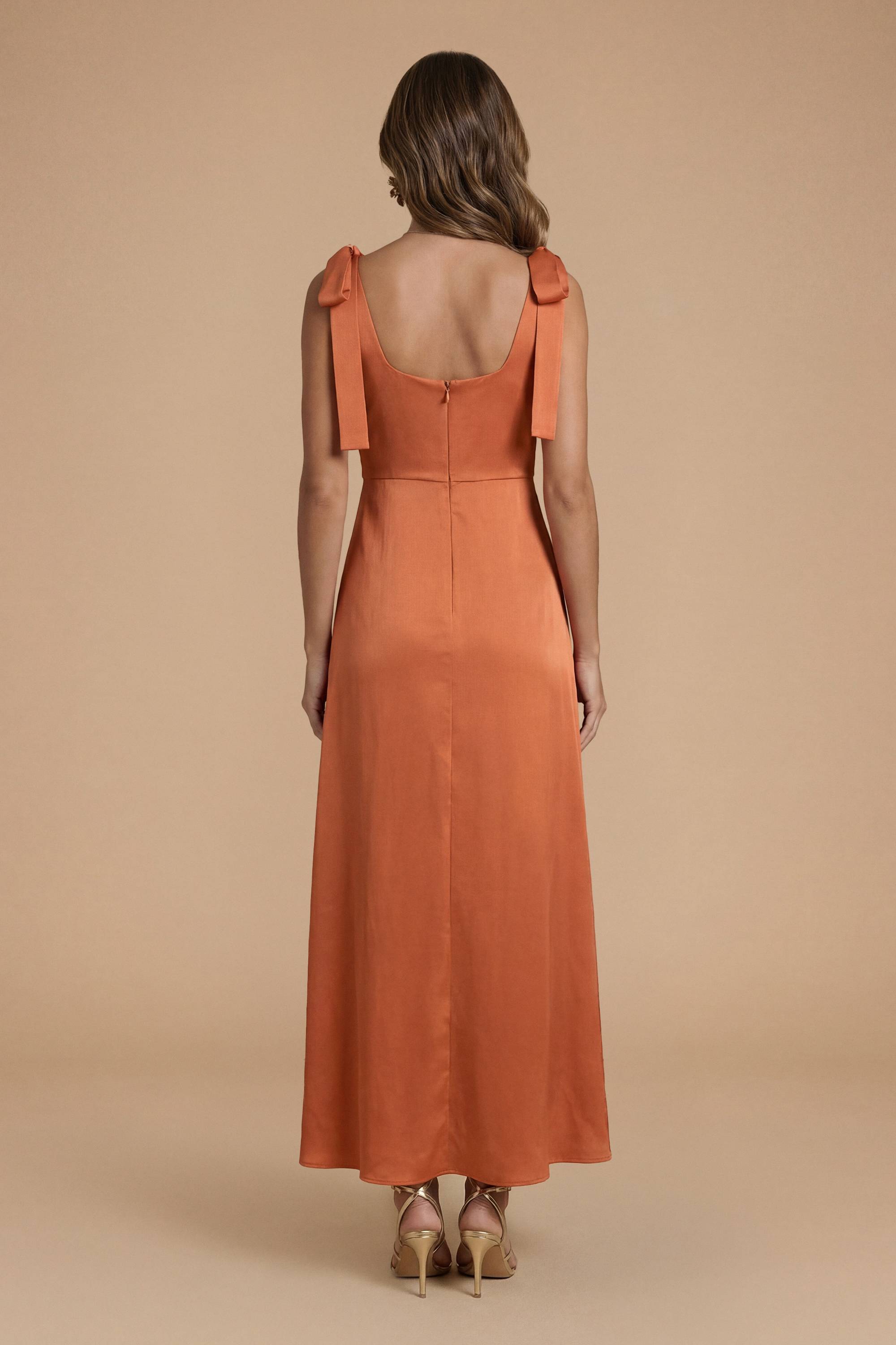 Oasis Robe De Demoiselle D'honneur Midi Satinée Rouille À Épaules Nouées