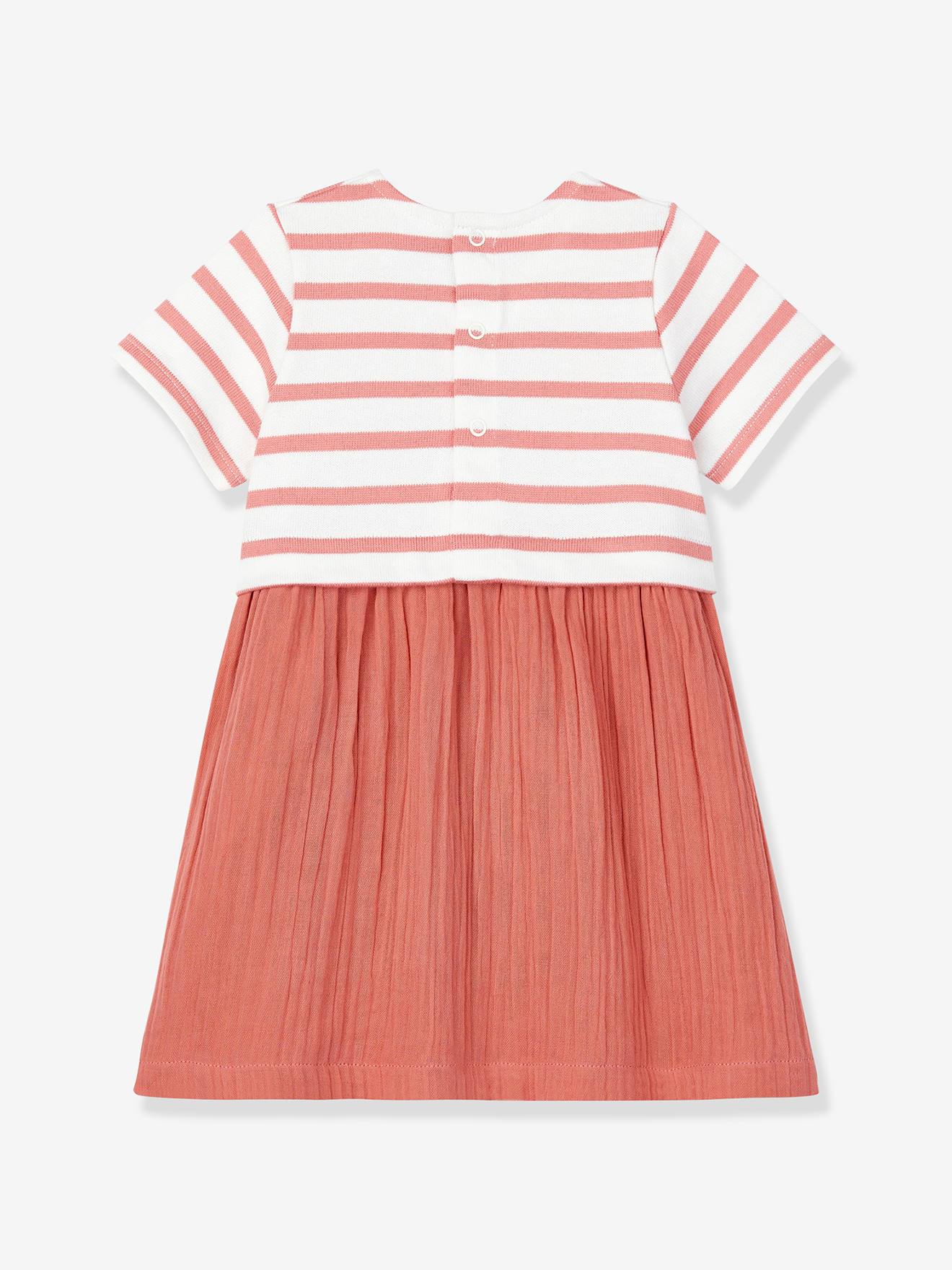 Vestido de bebê de duas camadas, confeccionado em chiffon de algodão e tricô orgânico grosso.