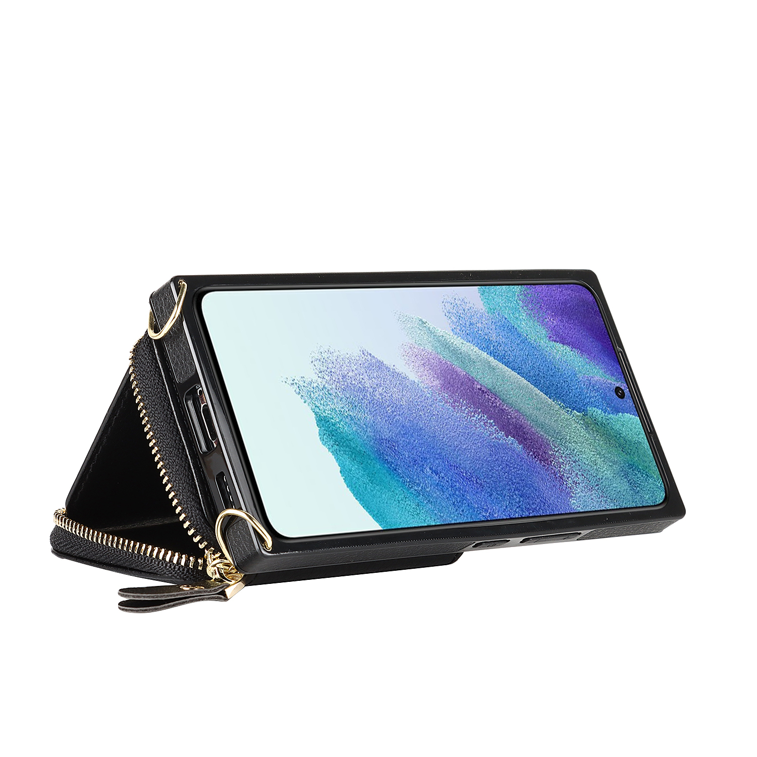 Samsung Galaxy S21 FE 5G Necklace Leder Schutz Hülle mit Kartenfächer   Handykette (140cm) - Schwarz