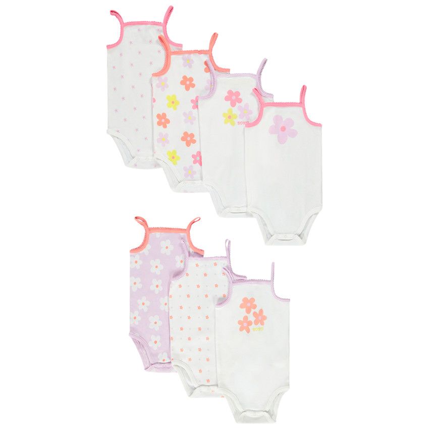 Lot de 7 bodies à bretelles motifs fleuris pour bébé fille - Ecru