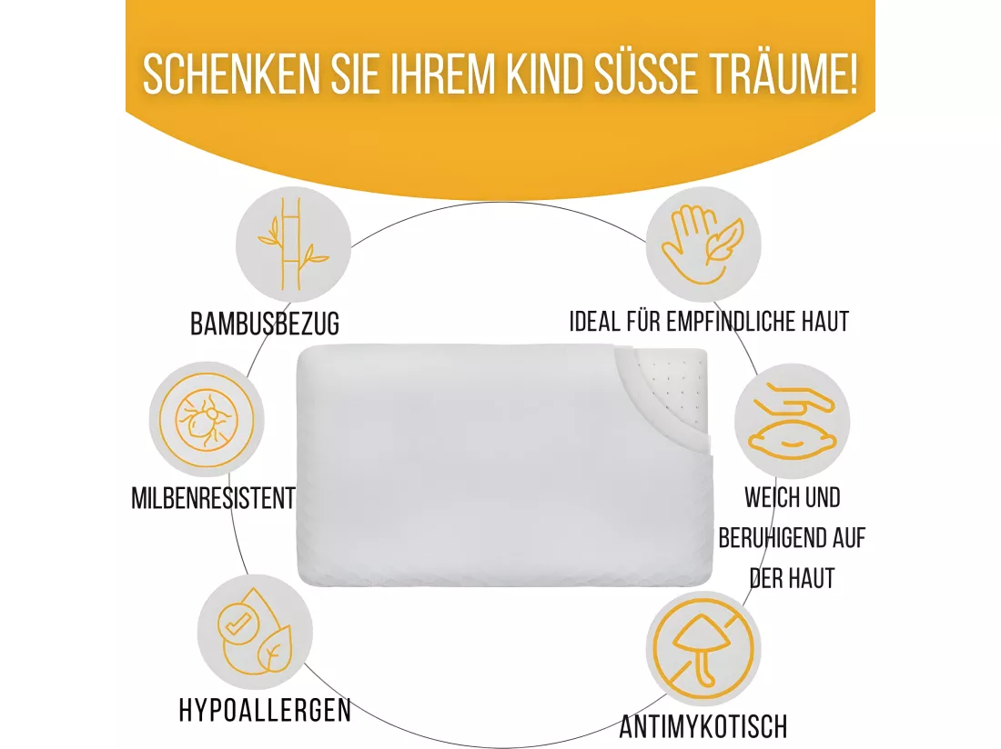 Oreiller Enfant Respirant en Tissu de Bambou 50x30x5,5 avec taie en bambou supplémentaire INPHYSIO