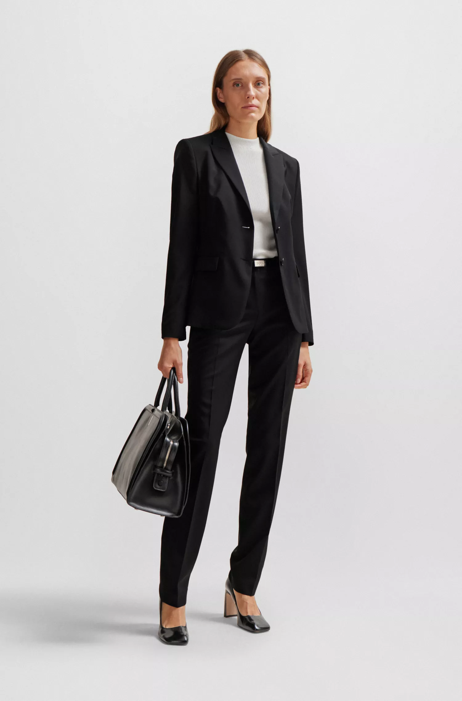 Calça BOSS preta de cintura alta e corte regular em lã virgem.