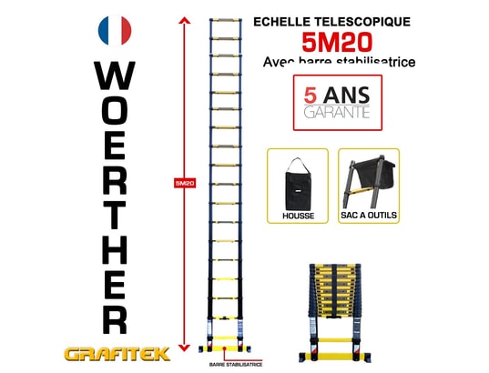WOERTHER - Echelle télescopique 5m50 grafitek avec barre stabilisatrice...