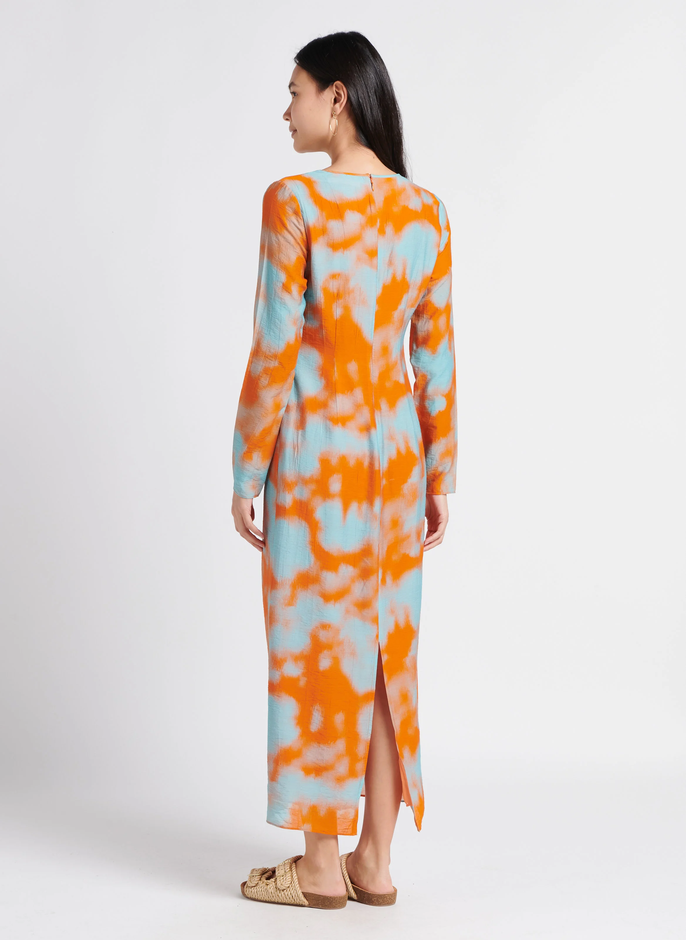 ALINA - Robe longue col rond imprimée| Orange