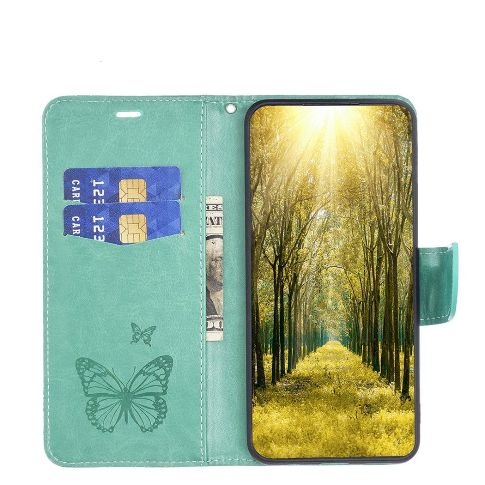 iPhone 14 Pro Max Leder Tasche mit Kartenfach   Handschlaufe Schmetterling - Türkis
