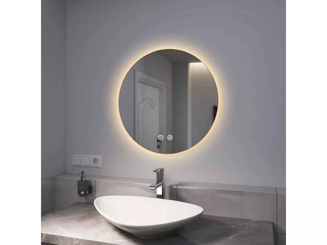 EMKE Miroir lumineux salle de bain rond diamètre 60cm rétro-éclairage sans cadre, Interrupteur Tactile, Miroir LED Blanche Froide/Neutre/Chaude