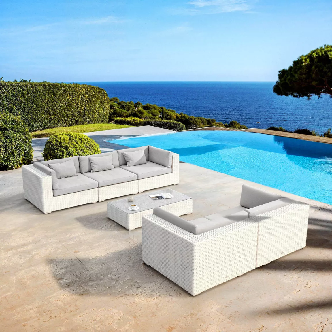 Salon de jardin en résine tressée 5 places 6 pcs Palma Blanc et gris