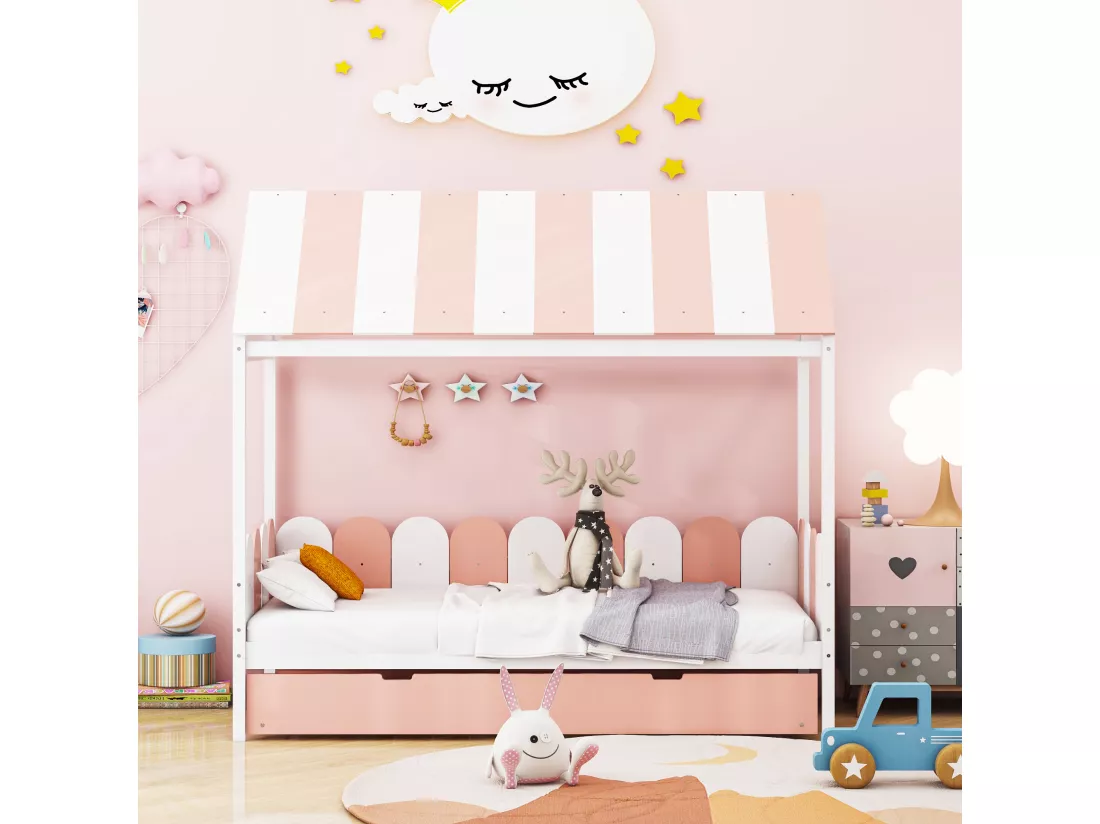Lit gigogne cabane 2 x 90 x 190 cm avec toit et barrières - bois massif - rose + blanc