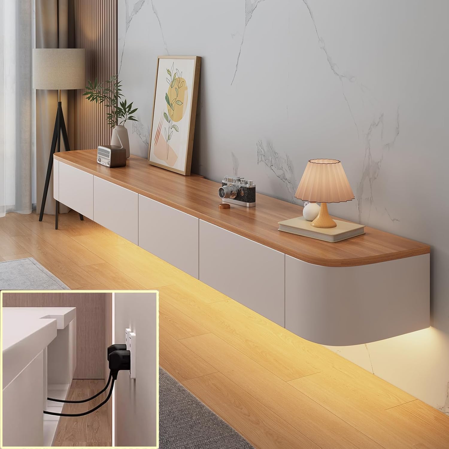 TV-Medienkonsole, schwimmender TV-Schrank, Wandmontage, TV-Schrank, mehrere große Aufbewahrungsmöglichkeiten, TV-Bank unter dem TV-Lowboard mit Schubladen (weiß-braun + LED, 140 x 20 x 24 cm)