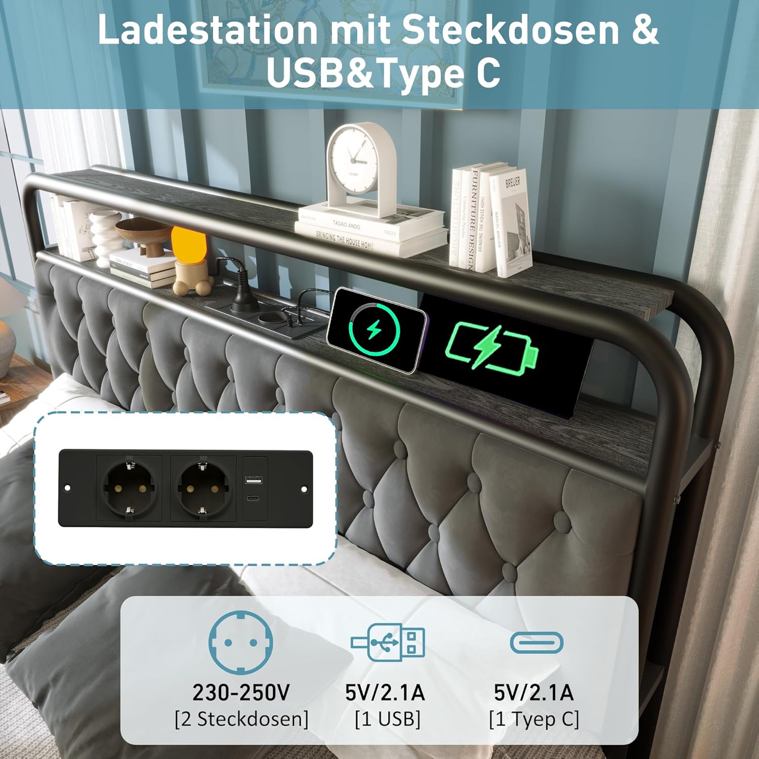 Merax Polsterbett Metallbett 140x200cm mit 4 Schubladen, LED-Beleuchtung, Ladefunktion, Lagerregal, Doppelbett Bettgestell, Stabil Metallrahmen, Stauraumbetten, Jugendbett, Samt, ohne Matratze, Grau