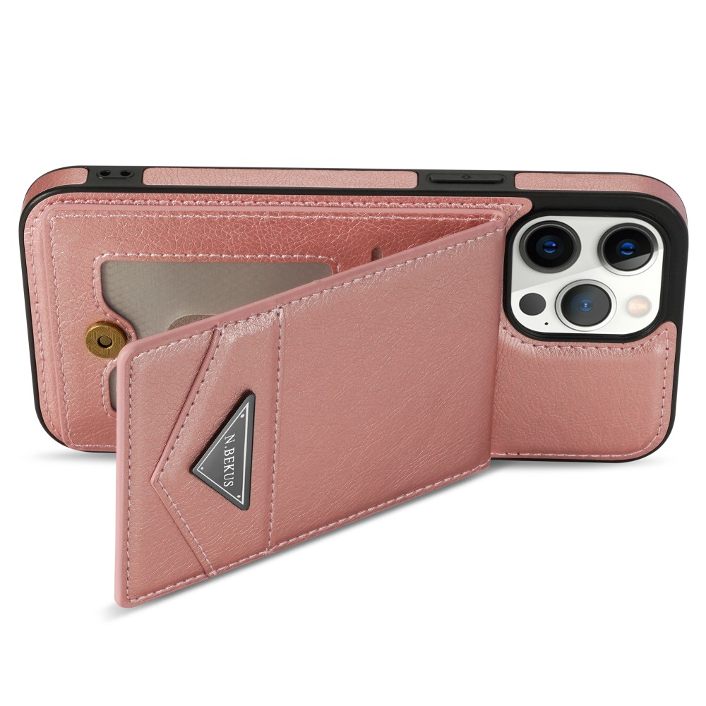 iPhone 15 Pro Hybrid Leder Hardcase Hülle mit Kartenfächer mit Aufsteller (RFID Schutz) - Roségold