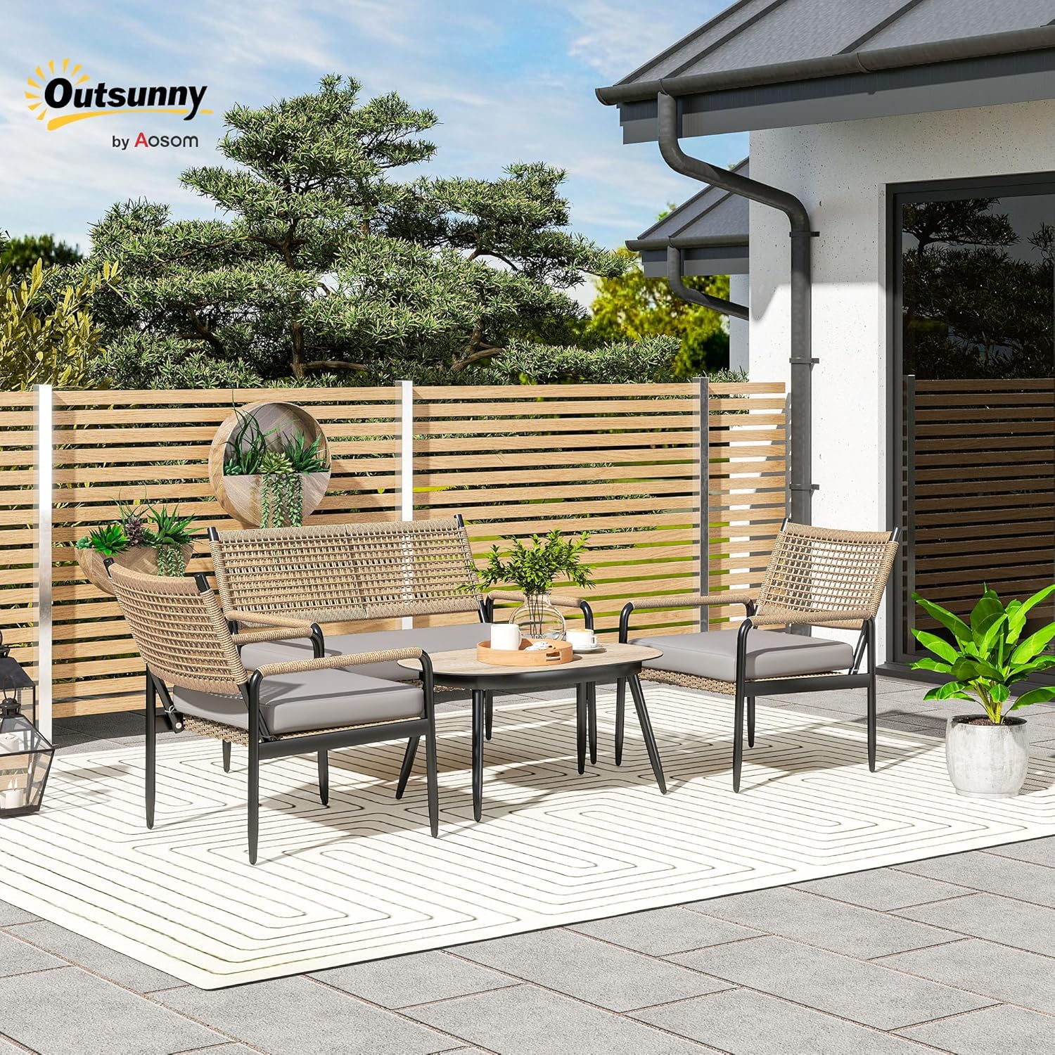 Outsunny Gartenmöbel Set aus Polyrattan Lounge-Set mit 2er Sofa Sessel Glastisch Kissen wetterfest Sitzgruppe für 4 Personen Outdoor Balkonmöbel Set Terrassenmöbel für Garten Balkon Dunkelgrau+Gelb