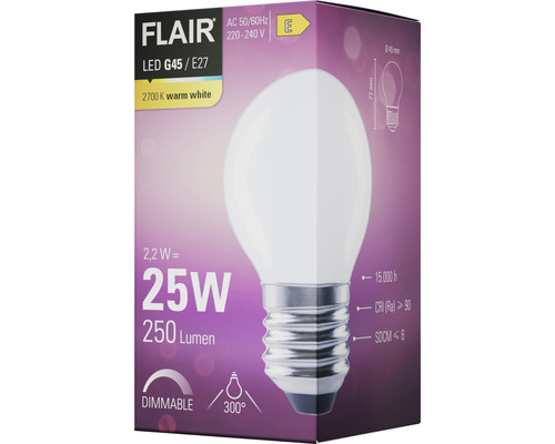 FLAIR LED druppellamp dimbaar G45 E27/2,2W (25W) 250 lm 2700 K warm wit mat