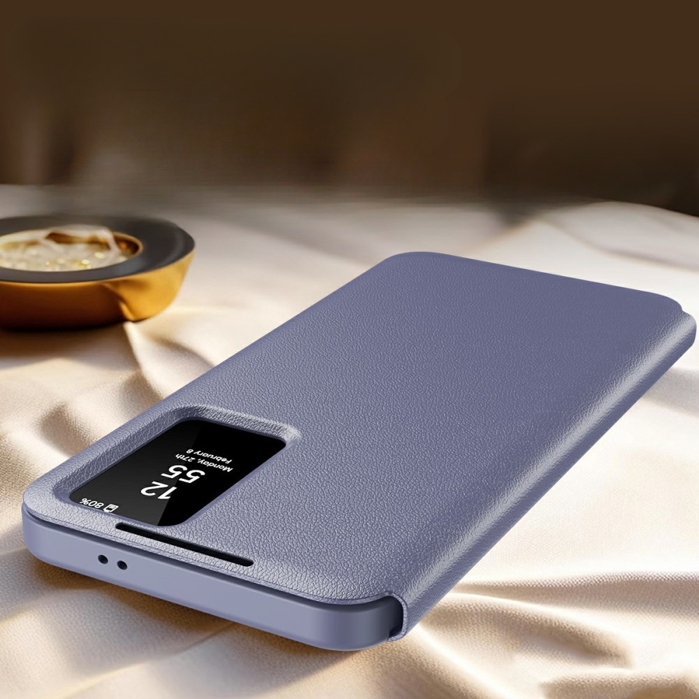 Samsung Galaxy A56 Leder Hülle Small Window View Flip Case Litchi Look - Lila / Grau