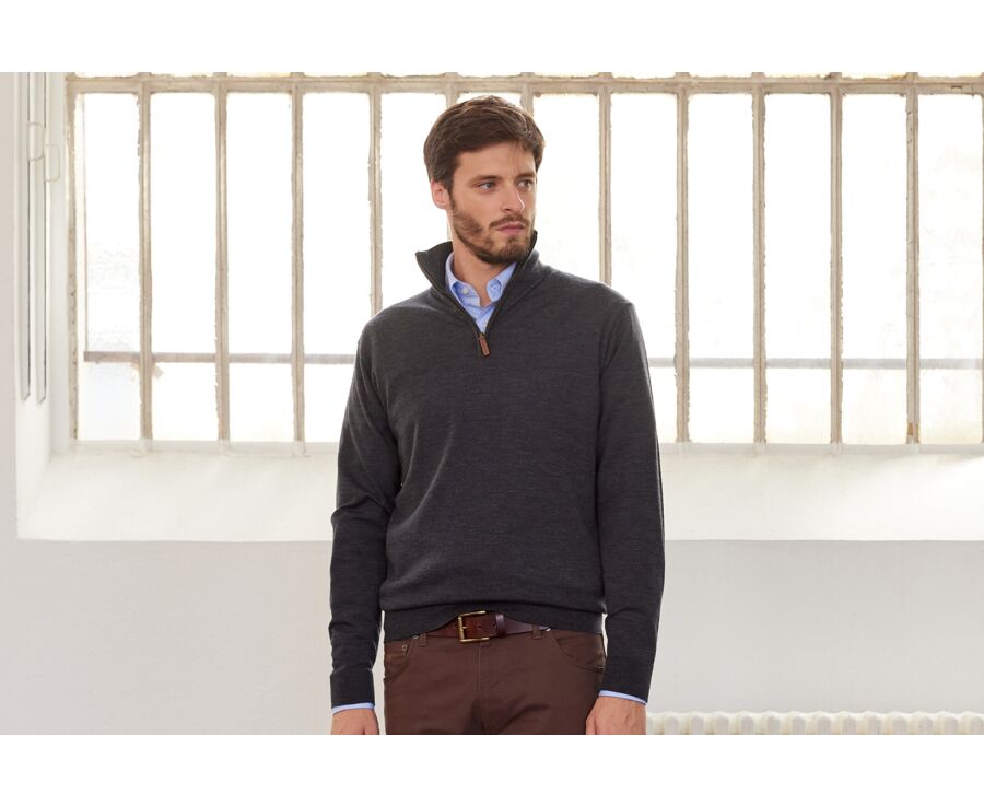 Pull col zippé homme Gris Anthracite chiné - VLARINOS