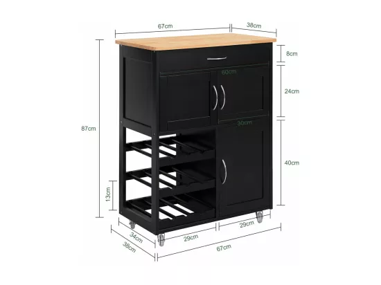 Desserte Chariot De Cuisine De Service Roulant, Meuble Armoire De Rangement Cusine Noir, Fkw45-sch