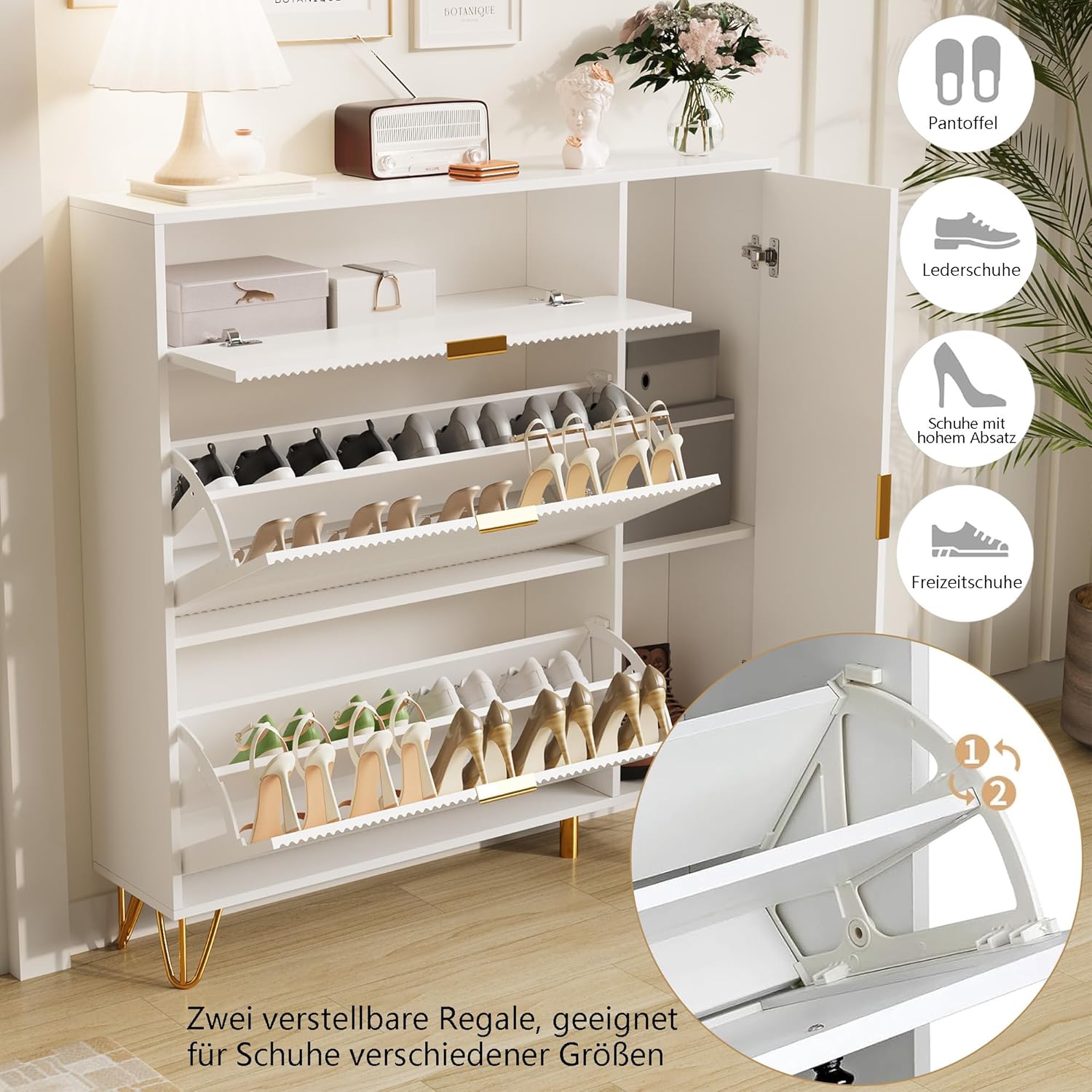 Schuhschrank mit 3 Klappen und 1 Türen,Schuhregal, Shoe Cabinet weiß, Schuhkipper mit 6 Fächern, schuhschränke für Flur oder Eingangsbereich, platzsparend, 110 x 24 x 120 cm (3 Klappen und 1 Tür)