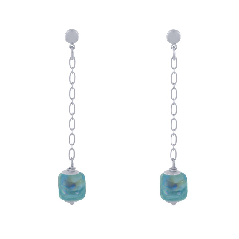 Boucles d'Oreilles Chainette Laiton Argenté et Cube en Céramique