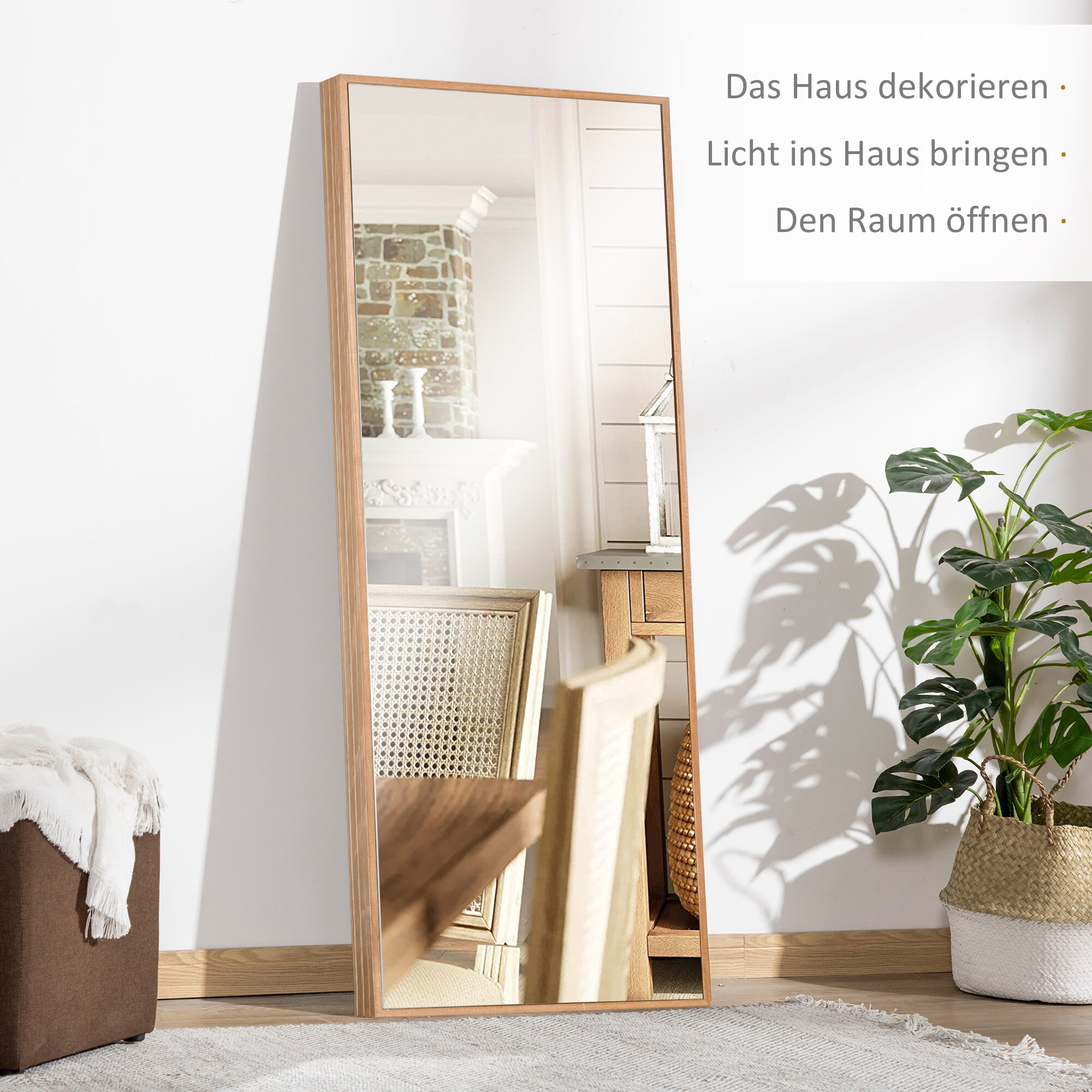 HOMCOM Wandspiegel mit Holzrahmen natur 45L x 4,8B x 125H cm