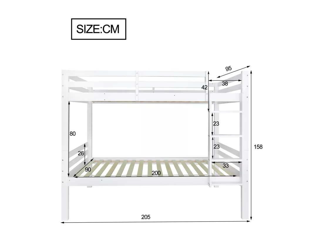 Lit superposé pour enfants avec échelle d'angle à trois niveaux et protection contre les chutes, cadre en pin, blanc, 90x200cm