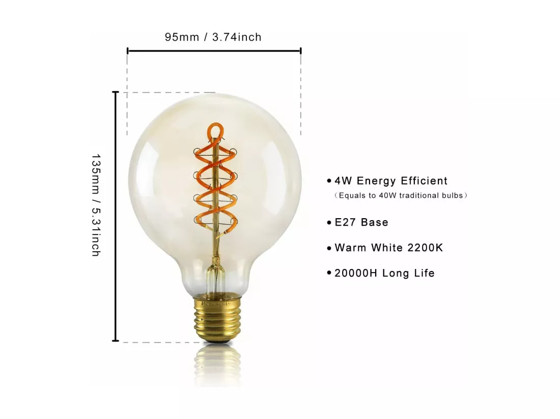 NETTLIFE Lot de 1 ampoules LED E27 ampoule G95 vintage blanc chaud 4W 2200K Edison ampoule rétro à filament lampe à économie d'énergie pour maison