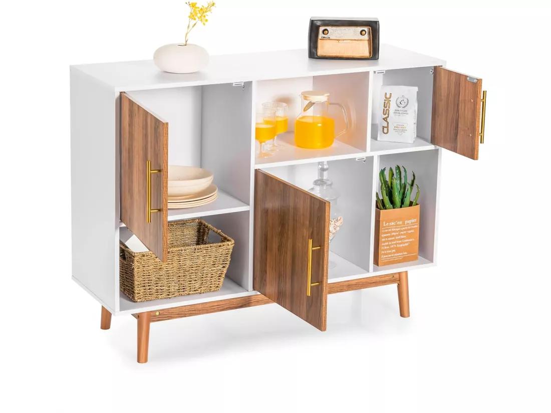 Buffet Salon Cuisine avec 3 Placards et 3 Étagères Ouvertes, Meuble Cuisine Rangement 4 Pieds Utilisation pour Salon Salle à Manger Bar, 95 x 31 x 76 cm