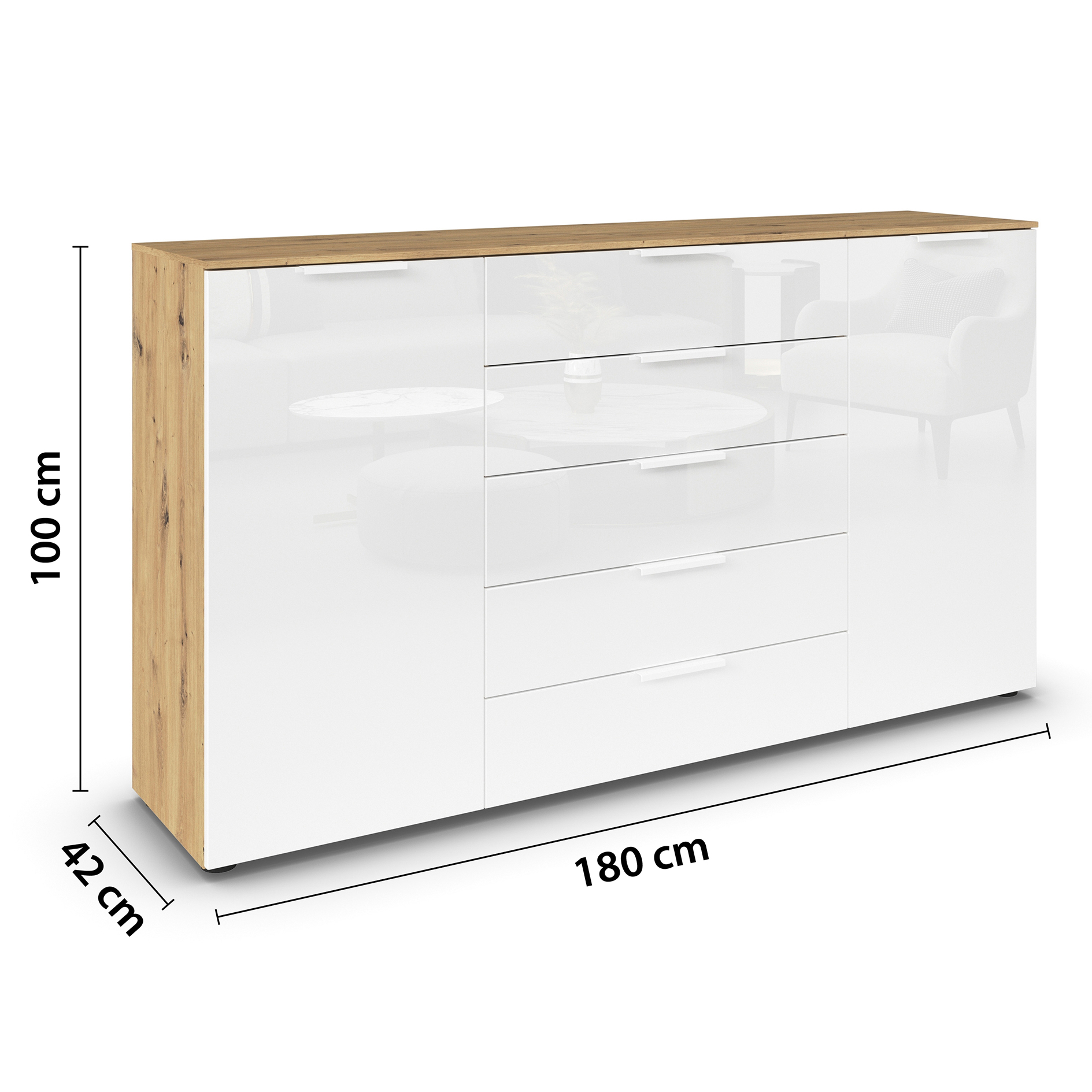 Kommode - Artisan Eiche-Kristallweißglas - weiße Griffe - 180 cm