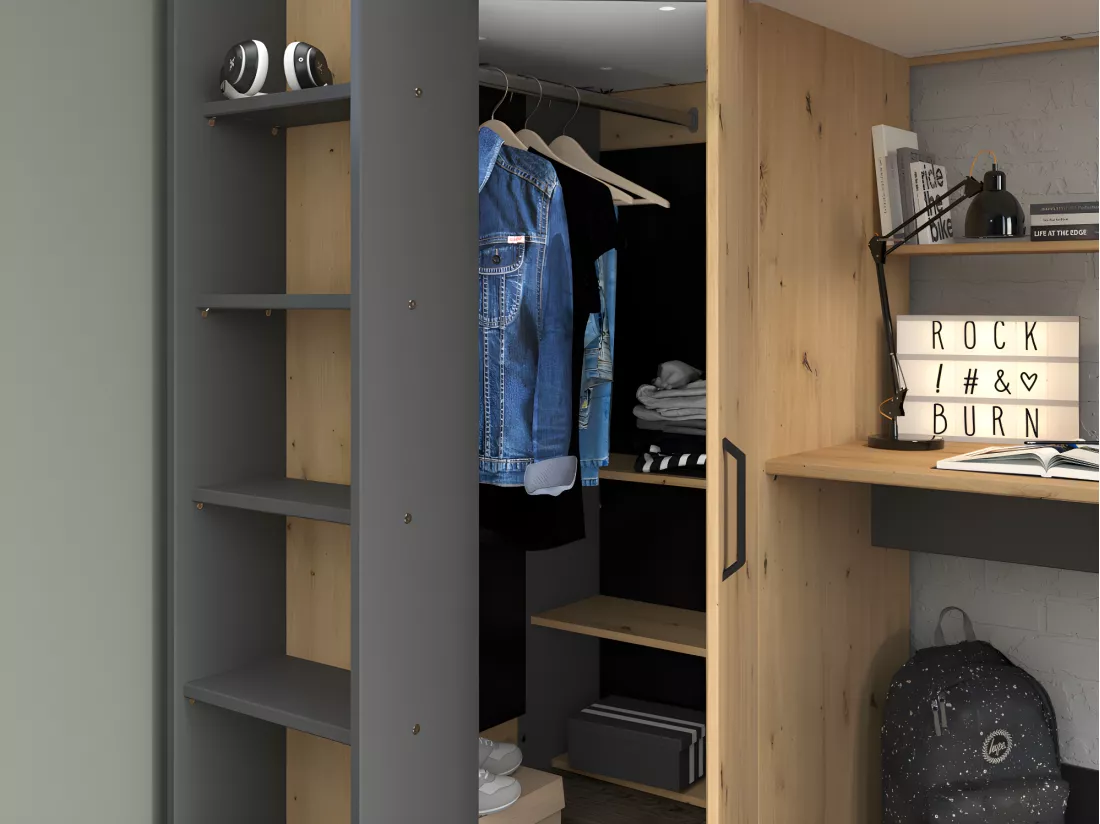Lit mezzanine avec bureau et armoire - 90 x 200 cm - Coloris : Naturel et anthracite - AUCKLAND