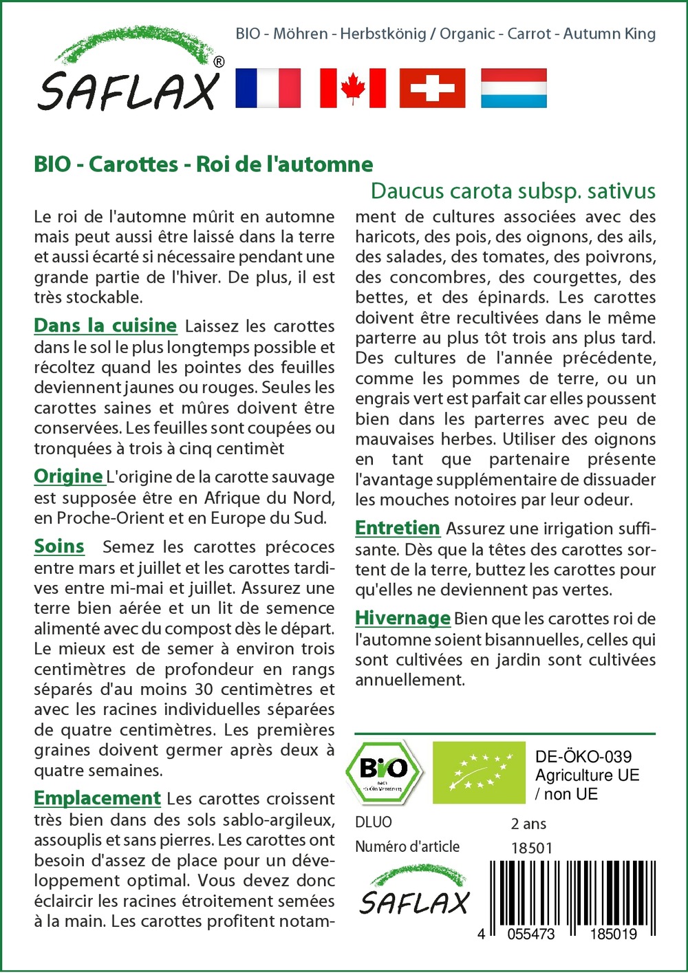 Bio - carottes - roi de l'automne - 1000 graines - avec substrat - daucus carota subsp. Sativus