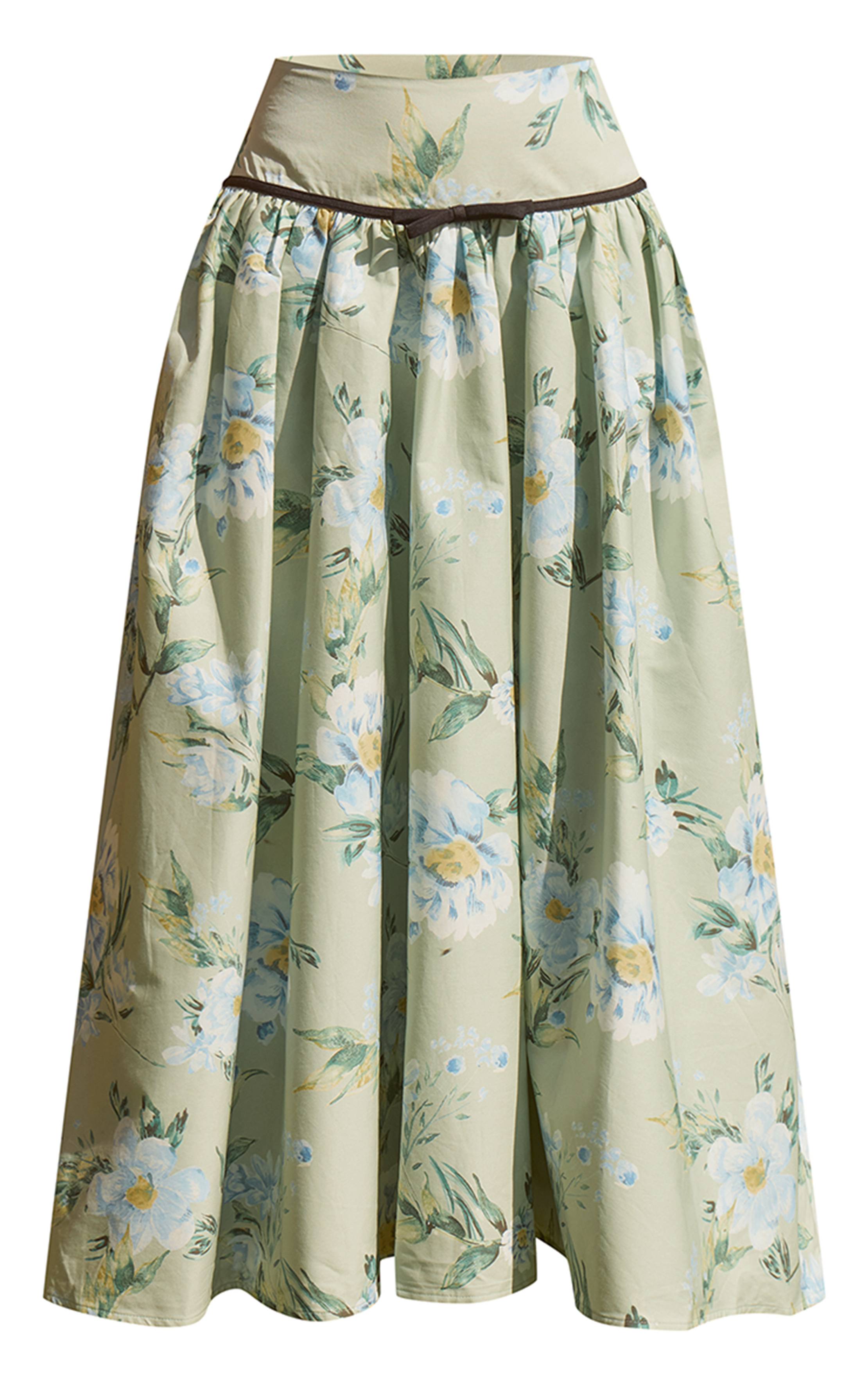 Vert Pâle Jupe Mi-longue Coordonnée En Coton À Imprimé Floral