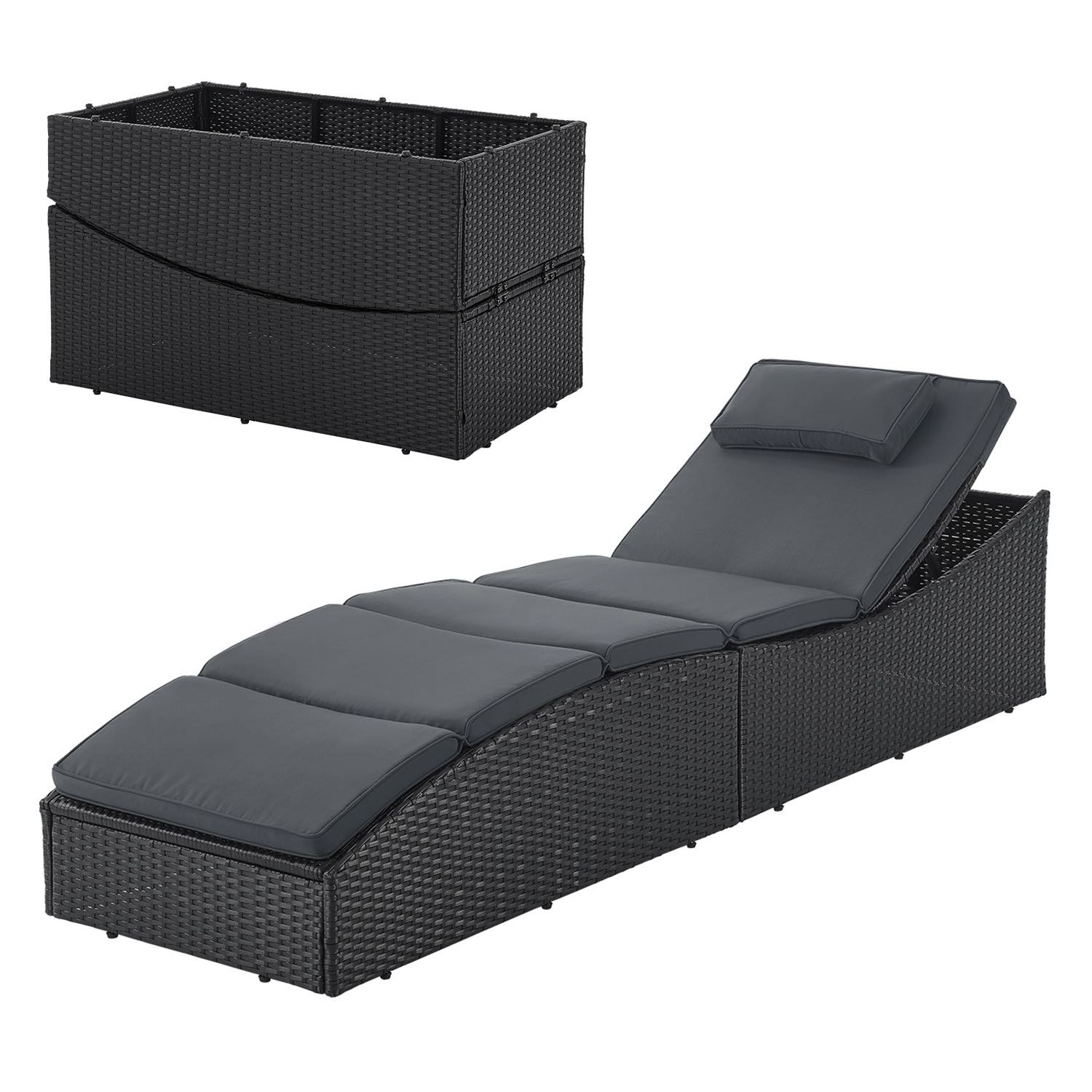 Juskys Sonnenliege Lamia klappbar - Polyrattan Gartenliege mit Auflage - Outdoor Liege Schwarz